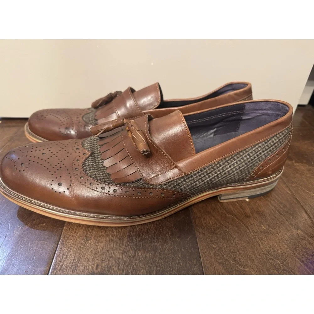 Vintage Foundry Co Wingtip Tassel Loafers Brown Leather Tweed Men's Slip On- 12